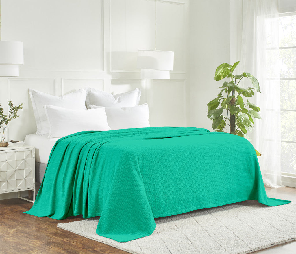 King Turquoise Cotton Waffle Weave Honeycomb Blanket-5