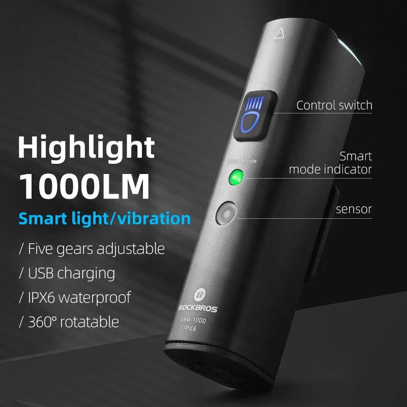1000LM Smart Bike Headlight Vibration Light Sensing Black-1