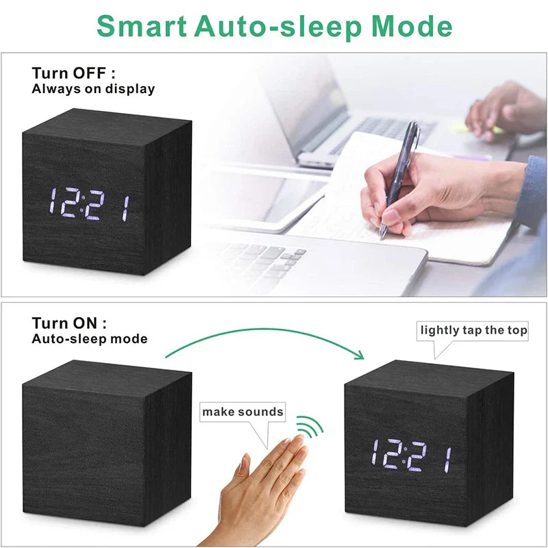 Wooden Digital Alarm Clock – LED Display with Temperature & Sound Control-1