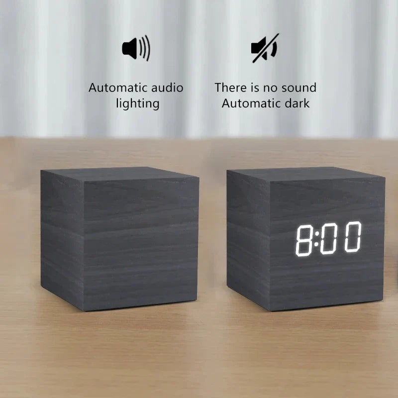 Wooden Digital Alarm Clock – LED Display with Temperature & Sound Control-3