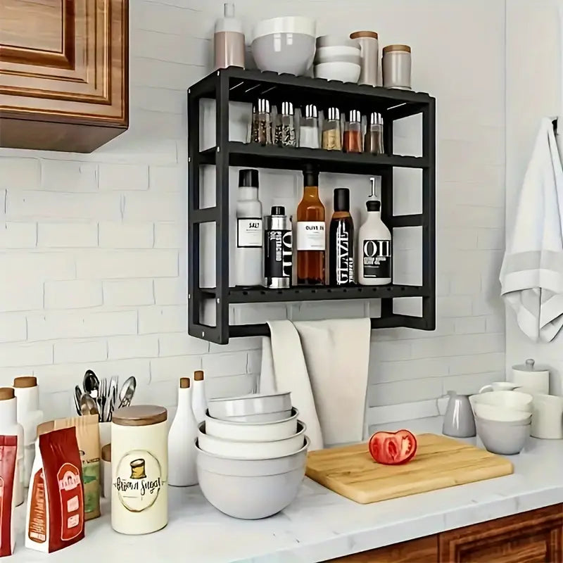 Wall Mounted Storage Rack with Rod - Black-2