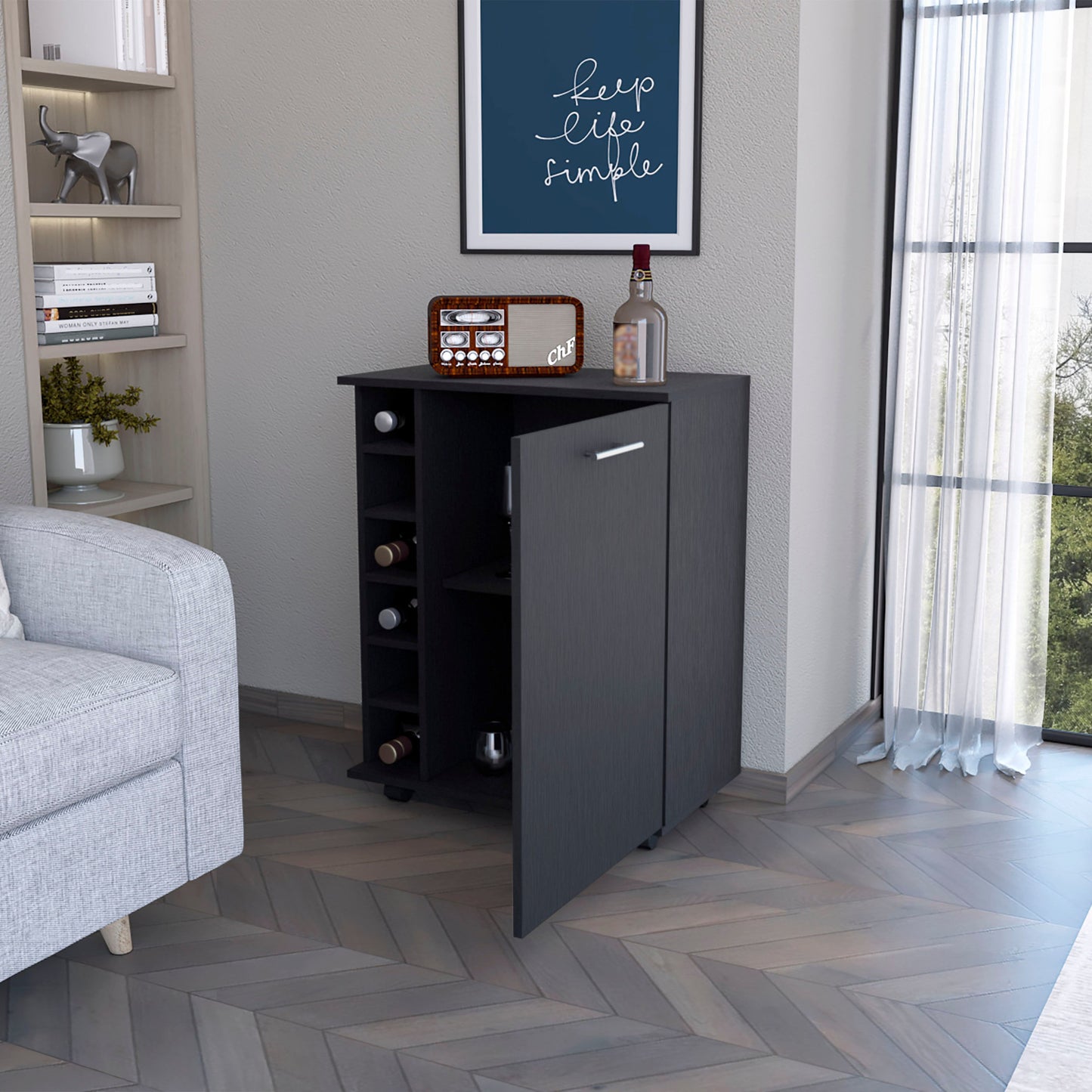 Black Rolling Bar Cart With Wine Storage-7