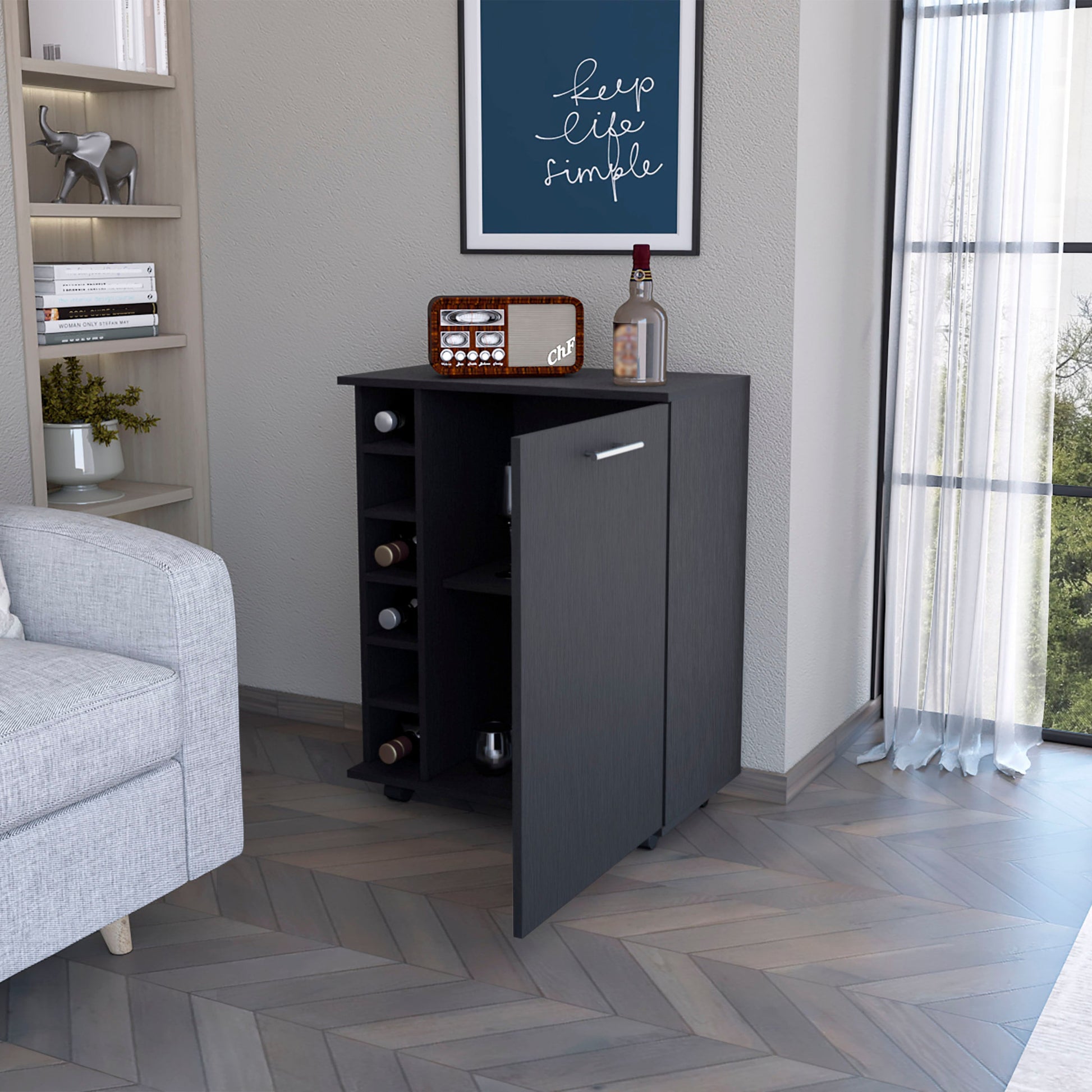 Black Rolling Bar Cart With Wine Storage-7