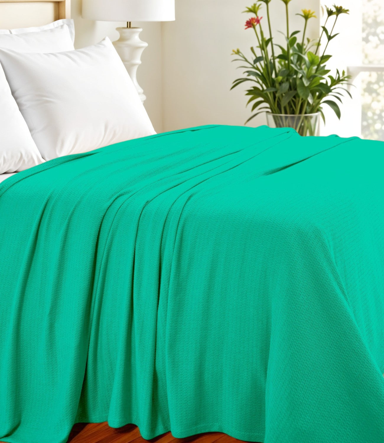 King Turquoise Cotton Waffle Weave Honeycomb Blanket-1