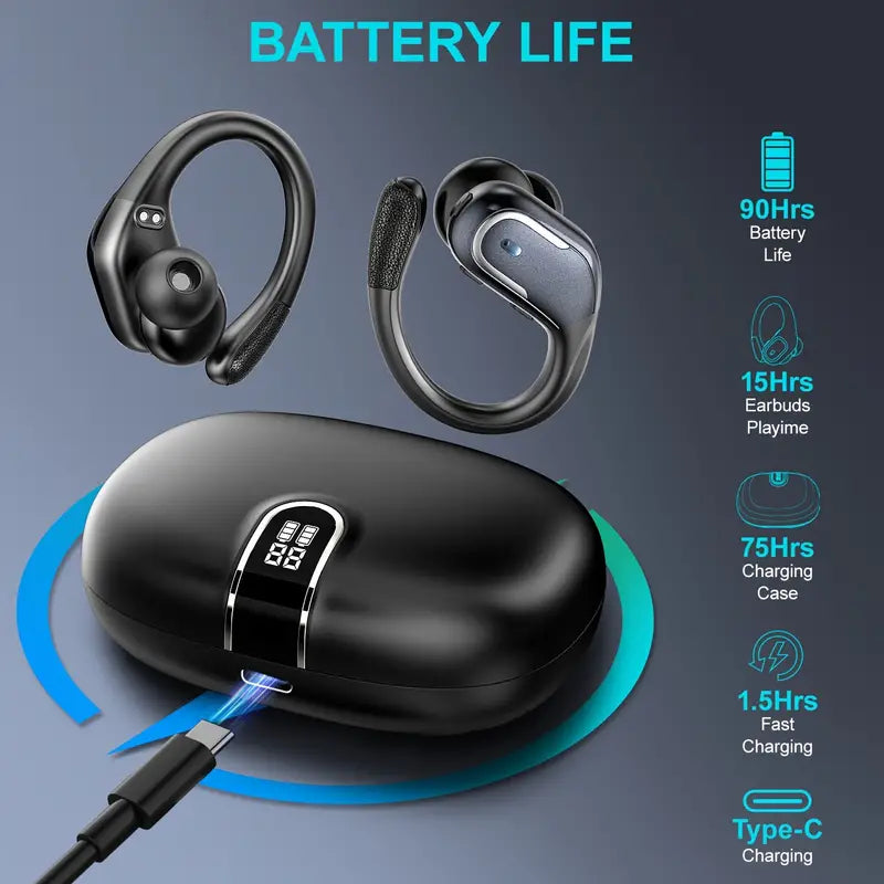 Wireless Sports Earbuds with Pure Bass Sound and LED Display - Black-2