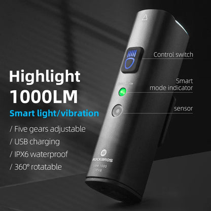 1000LM Smart Bike Headlight Vibration Light Sensing Black-1