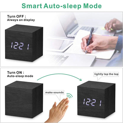 Wooden Digital Alarm Clock – LED Display with Temperature & Sound Control-1